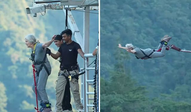 Metrelerce yükseklikten atladı! 82 yaşındaki kadın bungee jumping yaptı