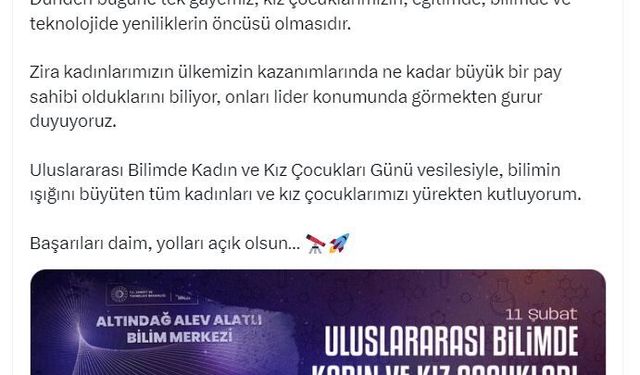 Emine Erdoğan'dan 'Uluslararası Bilimde Kadın ve Kız Çocukları Günü' paylaşımı