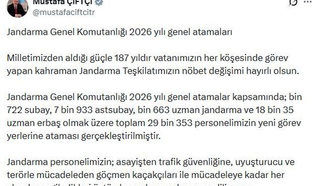 Jandarma Genel Komutanlığı'nda 29 bin 353 personel, yeni görev yerlerine atandı
