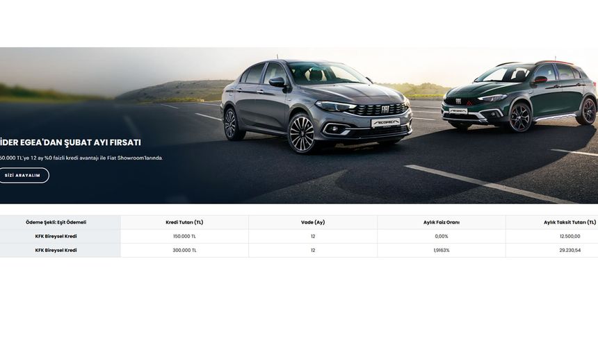 Kampanyaya dair Fiat'ın internet sitesinde şu ifadelere yer verilmiştir: 

"Kampanya 04.02.2025 – 03.03.2025 tarihleri arasında 0 km 2025 yılı Egea modellerinde sınırlı sayı için geçerlidir.

0% faizli kredi kampanyası Egea modellerinde geçerlidir. Kampanya ilgili modellerde 150.000 TL kredi, 12 ay taksit, 0% faiz oranı, aylık 12.500 TL ödeme seçeneği ile (0,12% aylık maliyet oranı 1,49% yıllık maliyet oranı) kullanacağınız hususi kredilerde geçerlidir. Bu kredi kampanyasından yararlanmanız halinde bir defaya mahsus ve peşin olmak üzere yasal vergiler dahil 862.5 TL kredi tahsis ücreti ve 321.59 TL rehin tesis ücreti talep edilecektir. İlanda belirtilen kampanya koşulları Fiat ve Koç Fiat Kredi’nin onayı ile geçerlilik kazanır. Fiat ve Koç Fiat Kredi’nin önceden haber vermeksizin kampanya koşullarını değiştirme hakkı saklıdır. Kampanyadan yararlanılmaması durumunda, kampanyanın geçerli olduğu tarihler arasında, Koç Fiat Kredi kredi kullanımında %3,99 faiz fırsatı sunulmaktadır. Kredi kullanımında oluşacak yasal vergiler, kredi tahsis ücreti ve rehin tesis ücreti müşterinin hususi ya da ticari kullanımına göre farklılık gösterebilir.

Kampanya stoklarla sınırlıdır. Detaylı bilgi için size en yakın Fiat Showroom'larına ulaşabilirsiniz.

Kredi Kampanyası örnek ödeme planları örnek olarak simüle edilmiştir. Uygulamada araç fiyatına, kullanılan kredi koşulları ve müşteri tipine göre değişiklik gösterebilir.

Fiat Egea ortlama CO2 emisyon salınımı 145-157 gr/km, yakıt tüketimi 4.5 - 6.9 lt/100km aralığındadır. Belirtilen C02 emisyon ve yakıt tüketimi değerleri AT Regülasyonları kapsamında WLTP test döngüsüne göre yapılan testlerde elde edilen sonuçları ifade eder. Gerçek emisyon ve tüketim değerleri; hava, yol koşulları, yük, araç bakım durumu ve seçilen opsiyonlara göre farklılık gösterecektir.

ODMD 2024 yılı Otomobil ve Hafif Ticari Pazar verileri baz alınmıştır."
