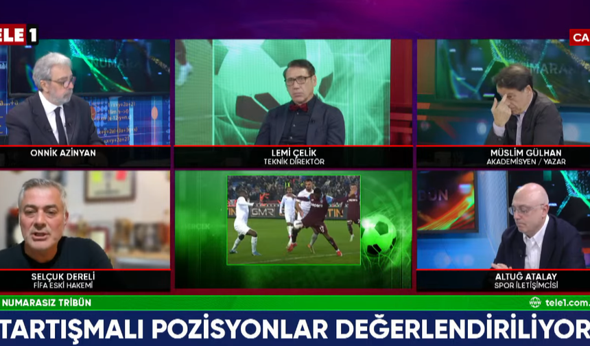 Eski futbol hakemi Selçuk Dereli, TELE1'de Onnik Azinyan'ın sunumuyla ekrana gelen 'Numarasız Tribün' programında, Süper Lig'de dün akşam oynanan Alanyaspor-Galatasaray maçındaki tartışmalı pozisyonları yorumladı. 

