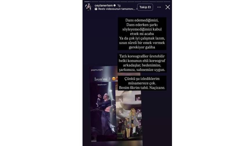 "UZUN SÜRELİ BİR EMEK VERMEK GEREKİYOR GALİBA"

Ceylan Ertem, sosyal medya üzerinden "Dans edemediğimizi, dans ederken şarkı söyleyemediğimizi kabul etsek mi acaba? Ya da çok iyi çalışmak lazım, uzun süreli bir emek vermek gerekiyor galiba. Konunun ehli koreograf arkadaşlar, bedenimize, şarkımıza, sahnemize uygun tatlı koreografiler üretebilir belki. Çünkü şu izlediklerim müsamerece çok. Benim fikrim tabii, naçizane" ifadelerini kullandı."UZUN SÜRELİ BİR EMEK VERMEK GEREKİYOR GALİBA"

Ceylan Ertem, sosyal medya üzerinden "Dans edemediğimizi, dans ederken şarkı söyleyemediğimizi kabul etsek mi acaba? Ya da çok iyi çalışmak lazım, uzun süreli bir emek vermek gerekiyor galiba. Konunun ehli koreograf arkadaşlar, bedenimize, şarkımıza, sahnemize uygun tatlı koreografiler üretebilir belki. Çünkü şu izlediklerim müsamerece çok. Benim fikrim tabii, naçizane" ifadelerini kullandı.