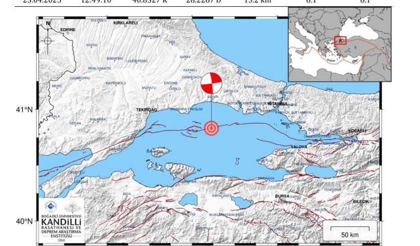1. Deprem Bilgileri
23 Nisan 2025 tarihinde Silivri Açıkları-İstanbul (Marmara Denizi) (40.8327 K 28.2267 D) merkez
üssünde yerel saat ile 12:49'da aletsel büyüklüğü ML 6.1 - Mw 6.1 olan şiddetli bir deprem meydana
gelmiştir. Depremin odak derinliği 15.2 km olup sığ odaklı bir depremdir.
İlgili depremi takiben 6. dakikada tsunami uyarı mesajlarımız ülkemizde AFAD'a, bölgemizde de
sistemimize üye olan ülkelerin ilgili merkezlerine iletilmiştir. Gözlemlerle tsunami uyarısı aletsel
olarak teyit edilmiştir. Bu uyarı 16:53 itibarı ile tsunami tehlikesinin geçmiş olduğuna dair mesaj ile
sonlandırılmıştır.tırma Enstitüsü (KRDAE), İstanbul'da meydana gelen depremler kapsamında ön değerlendirme raporu yayımladı. Rapora göre; Silivri Açıkları-Istanbul (Marmara Denizi) merkez üssünde yerel saat ile 12:49'da büyüklüğü ML 6.1 - Mw 6.0 olan şiddetli bir deprem meydana geldi ve depremin odak derinliği 13.1 km olup sığ odaklı gerçekleşti.
