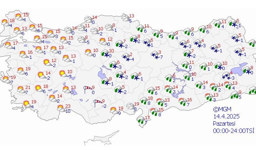 Meteoroloji Genel Müdürlüğü tarafından yapılan tahminlere göre; ülkemizin iç ve doğu kesimlerinin parçalı ve çok bulutlu, İç Anadolu’nun doğusu, Orta ve Doğu Karadeniz, Doğu ve Güneydoğu Anadolu ile Kahramanmaraş, Osmaniye, Hatay, Kırıkkale, Aksaray, Kırşehir ve Kastamonu çevrelerinin aralıklı yağmur ve sağanak yağışlı, diğer yerlerin az bulutlu ve açık geçeceği tahmin ediliyor.

