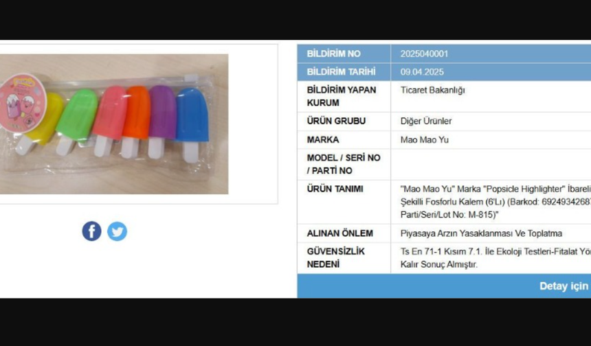 PİYASADAN TOPLATILMAYA BAŞLANDI

Tüketici sağlığını korumak amacıyla harekete geçen Bakanlık, riskli ürünün hem satışını durdurdu hem de raflardan toplatılması talimatını verdi. Denetimlerin devam edeceği vurgulanırken, vatandaşların Güvensiz Ürün Bilgi Sistemi’ni takip ederek bu tür ürünlerden haberdar olabilecekleri hatırlatıldı.