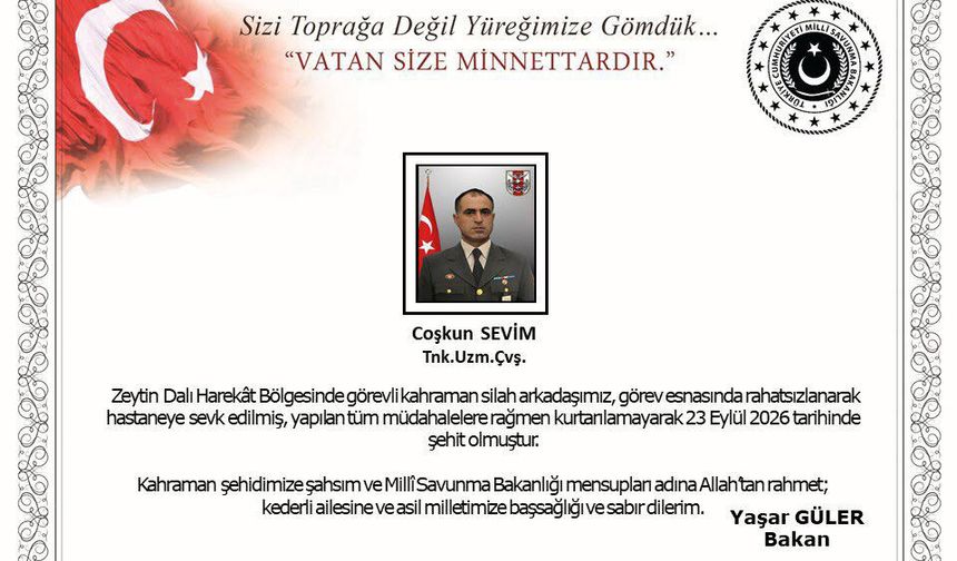 Zeytin Dalı Harekat bölgesinde görevi sırasında rahatsızlanan asker şehit oldu
