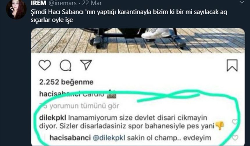 Açık havada bisiklet ile kardio yapan Sabancı, Instagram’dan da paylaşım yapmayı ihmal etmedi. Ancak fotoğrafın dışarıda çekilmesine tepki gösteren bir takipçisi, "İnanamıyorum size. Devlet dışarı çıkmayın diyor, siz dışarıdasınız spor bahanesiyle. Pes yani" dedi.