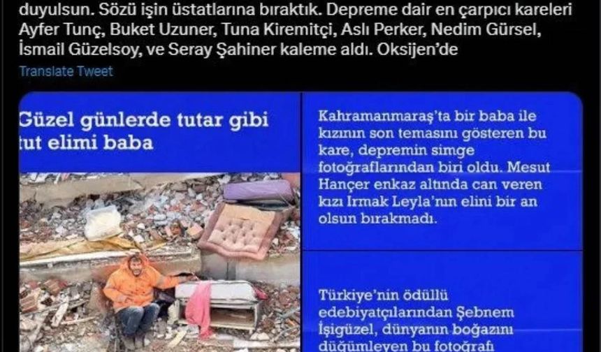 Gazete Oksijen'in Twitter’dan yaptığı tanıtımda, “Fotoğrafların dili yoktur, konuşmazlar. Ama istedik ki bu kez sesleri duyulsun. Sözü işin üstatlarına bıraktık. Depreme dair en çarpıcı kareleri Ayfer Tunç, Buket Uzuner, Tuna Kiremitçi, Aslı Perker, Nedim Gürsel, İsmail Güzelsoy, ve Seray Şahiner kaleme aldı" ifadeleri kullanıldı. Dosya ve tanıtım sosyal medyada tepki topladı.