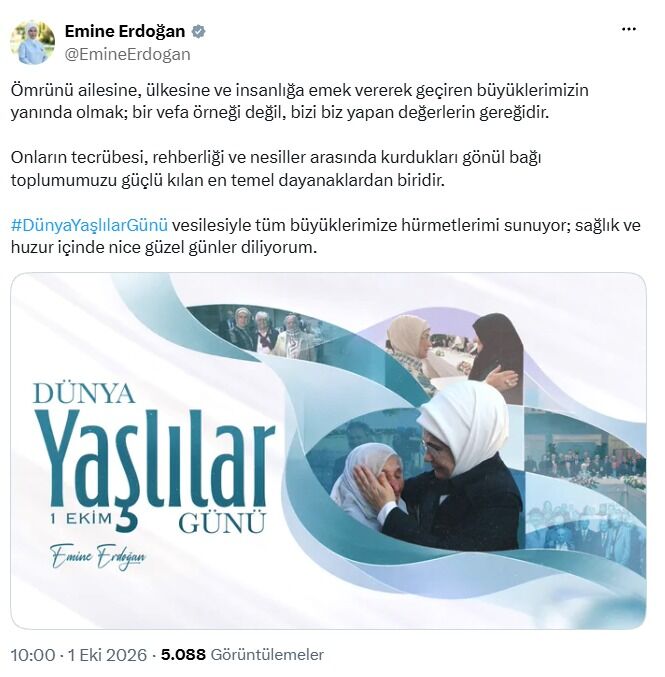 Emine Erdoğan'dan 'Dünya Yaşlılar Günü' paylaşımı