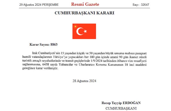 Türkiye ile Irak arasında yapılan görüşmeler neticesinde, 15 yaş altı ve 50 yaş üzerindeki Irak vatandaşlarına uygulanacak olan vize serbesti kararı, AKP'li Cumhurbaşkanı Recep Tayyip Erdoğan'ın imzasıyla Resmi Gazete'de yayımladı. 
